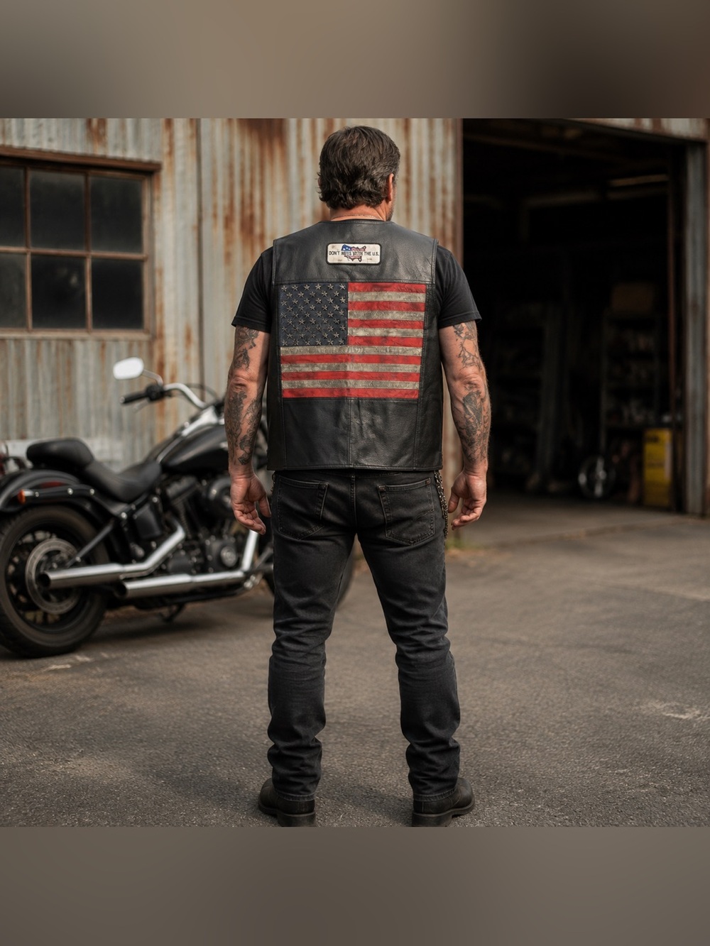 USA Leather Co Black Leather Biker Vest American Flag Patch Men’s XL